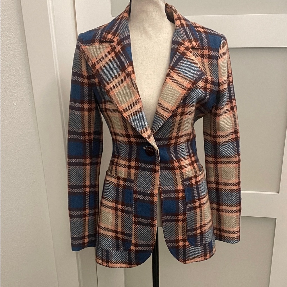 Smythe Plaid Single-Button Blazer in Blue, Tan and Brown - Picture 4 of 5